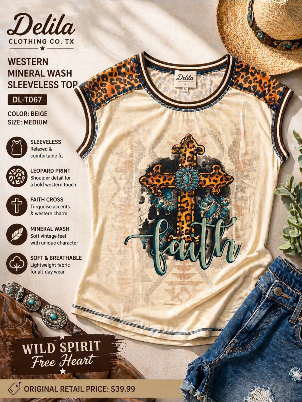 Delila Western Faith Leopard Cross Tank Top Beige Turquoise Boho Mineral Wash